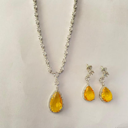 Yellow Drop Stone Diamond Silver Plated Necklace Set