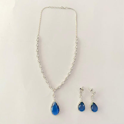Blue Drop Stone Silver Plated Diamond Necklace Set
