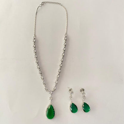 Emerald Silver Plated Drop Diamond Pendant Set