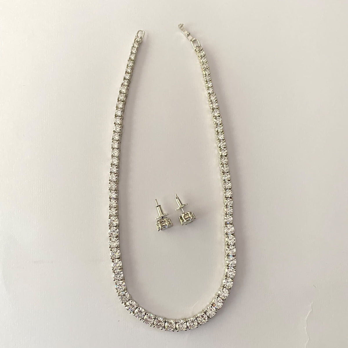 Silver Plated Single Line Tennis Necklace Set