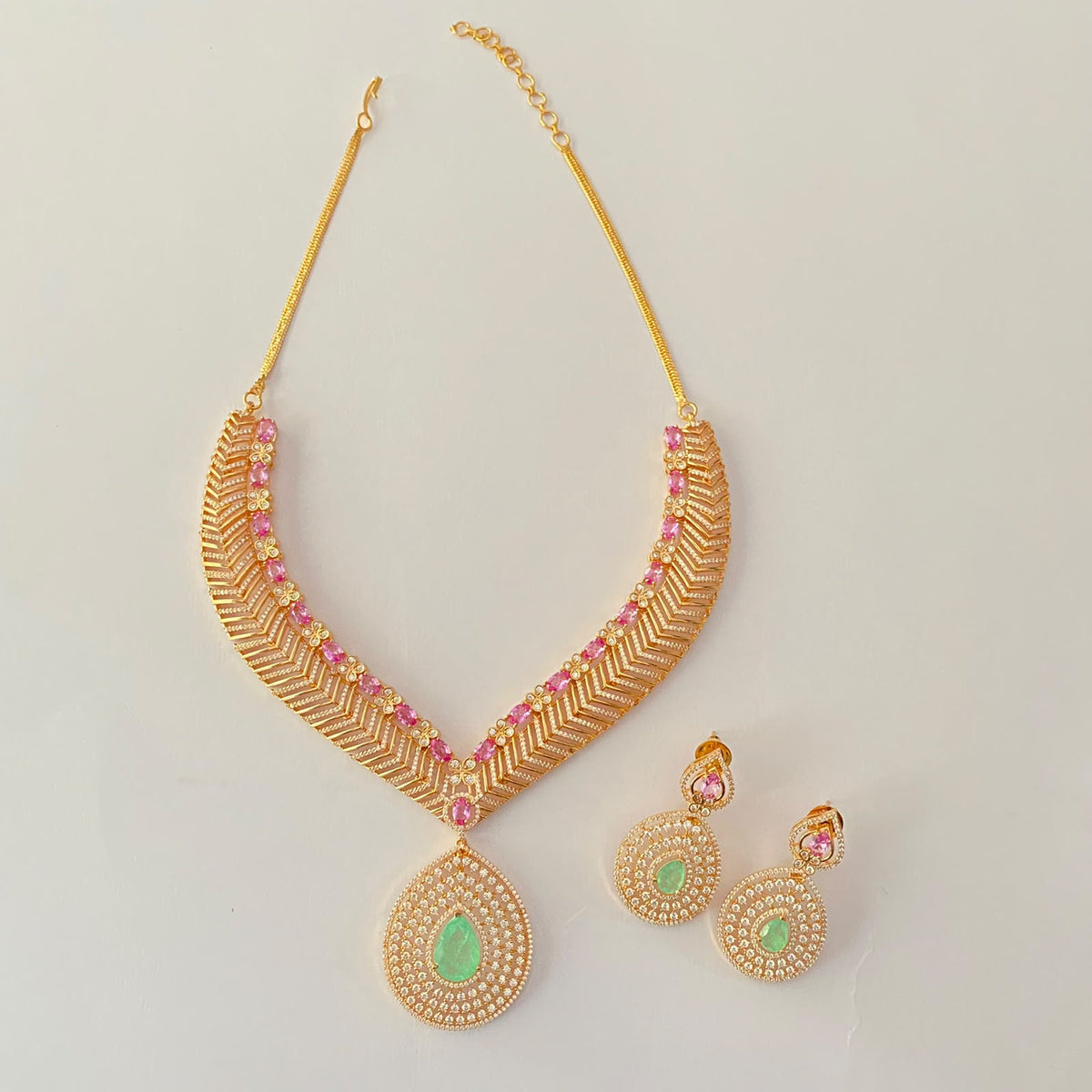 Rose Gold Plated Aqua Stone Ruby Diamond V- Shape Necklace Set