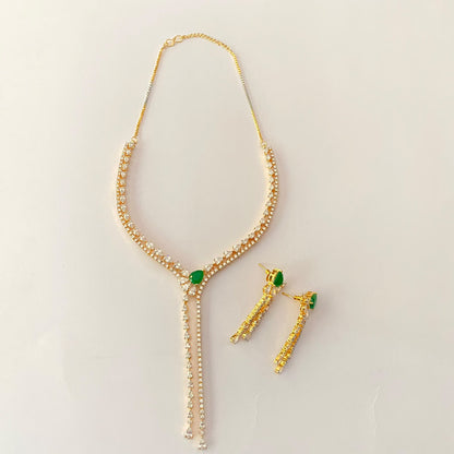 Diamond Sleek Gold Plated green Stone Necklace Set
