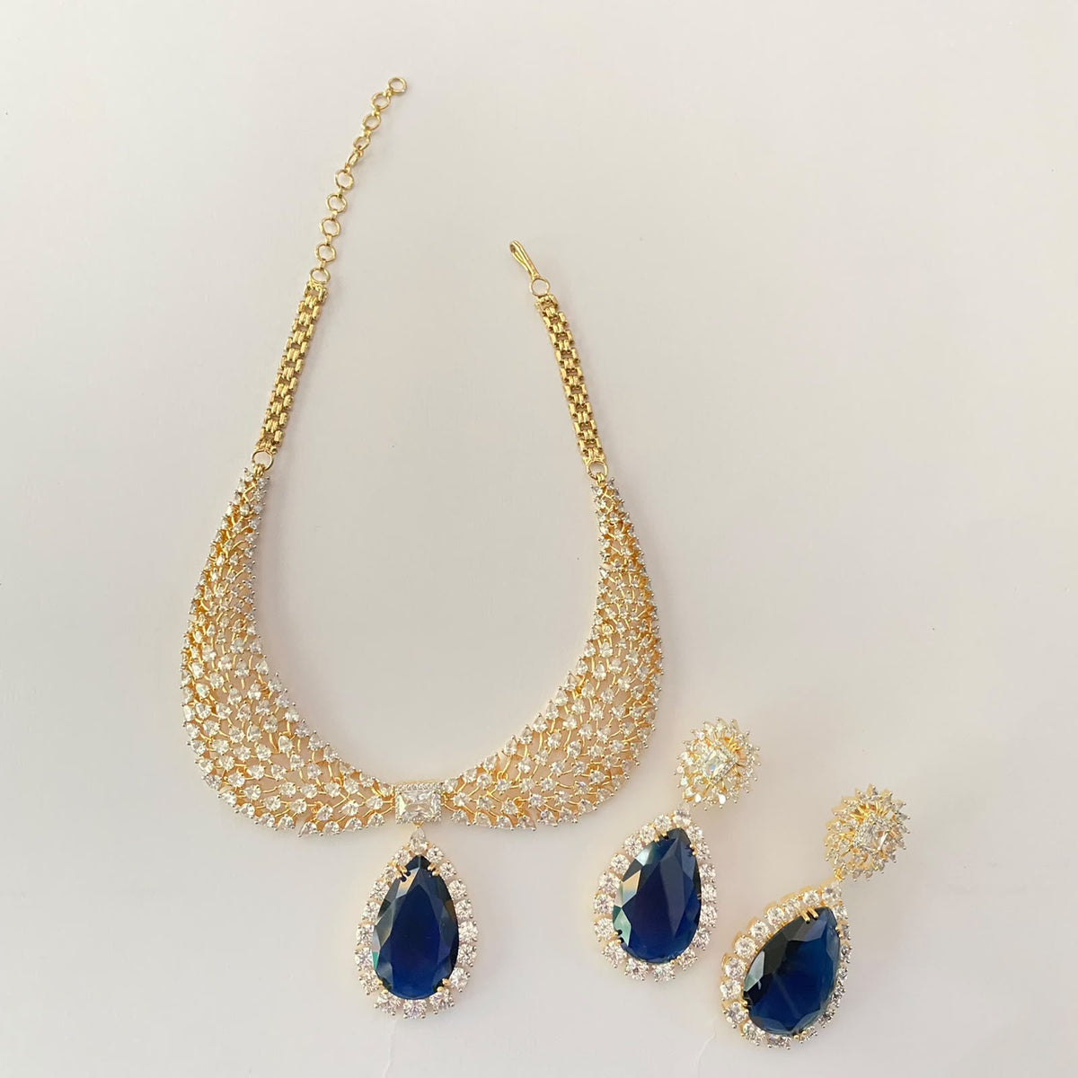 Blue Drop Stone Gold Plated Diamond Necklace Set