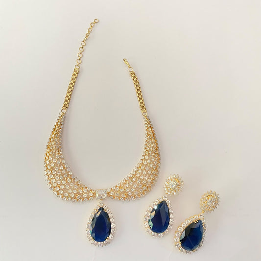 Blue Drop Stone Gold Plated Diamond Necklace Set