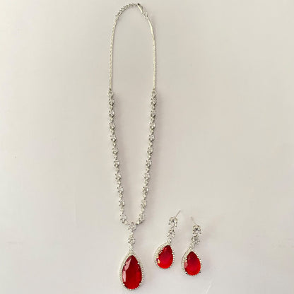 Silver Plated Ruby Drop Sleek Necklace Set