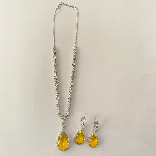 Yellow Drop Stone Diamond Silver Plated Necklace Set