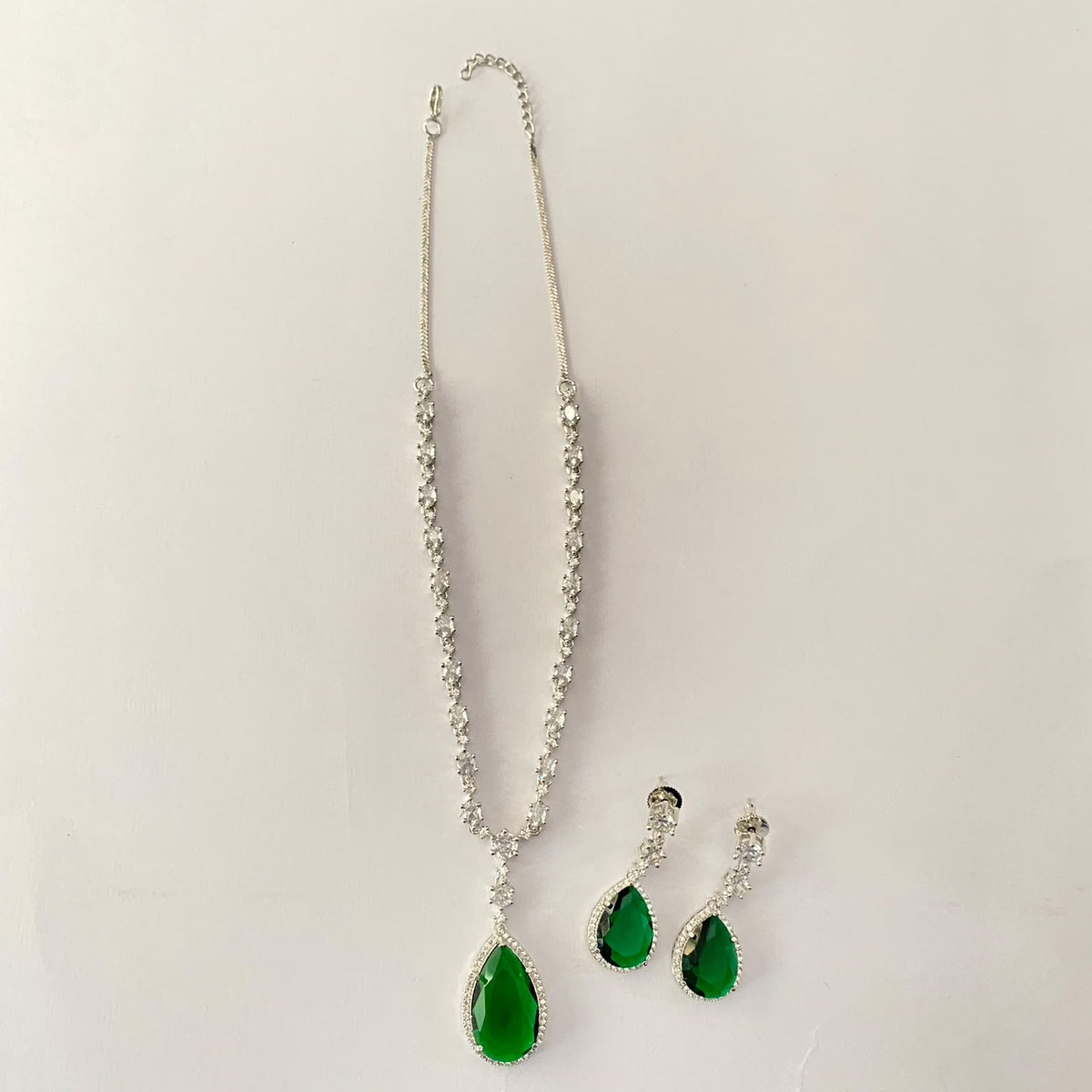Green Drop Silver Plated  Diamond Necklace Set