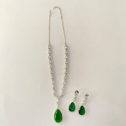 Green Drop Silver Plated  Diamond Necklace Set