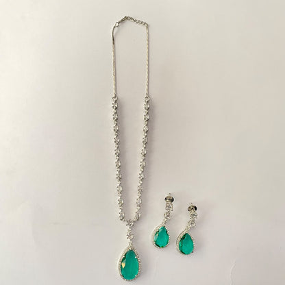 Aqua Drop Silver Plated Diamond  Necklace Set