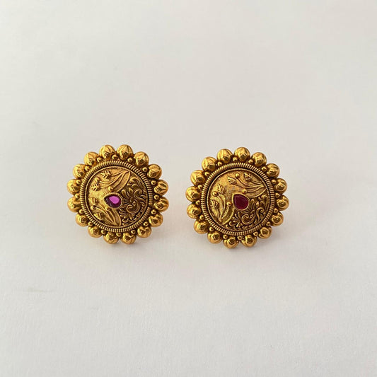 Center Ruby Stone Antique Gold Plated Stud