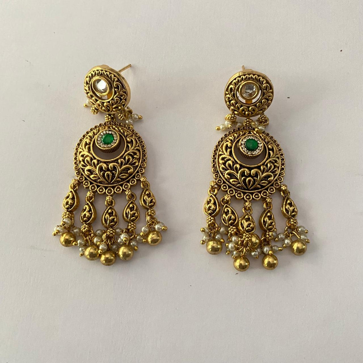 Green center stone Antique Gold Plated Small Dangling Earring