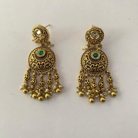 Green center stone Antique Gold Plated Small Dangling Earring