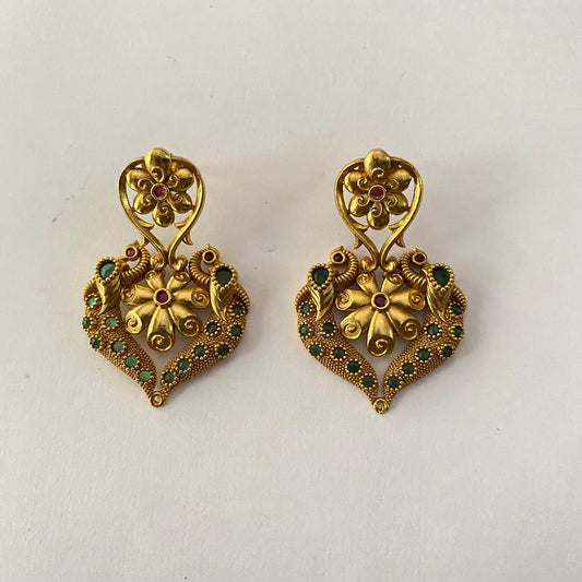 Antique Gold Plated Floral Top Stud and a Heart-Shaped Lower Drop Earring