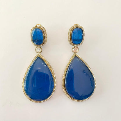 Blue Stone Antique Gold Plated Big Drop Earrring