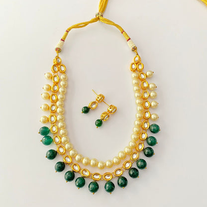 Kundan Pearl Emerald Stone Necklace Set