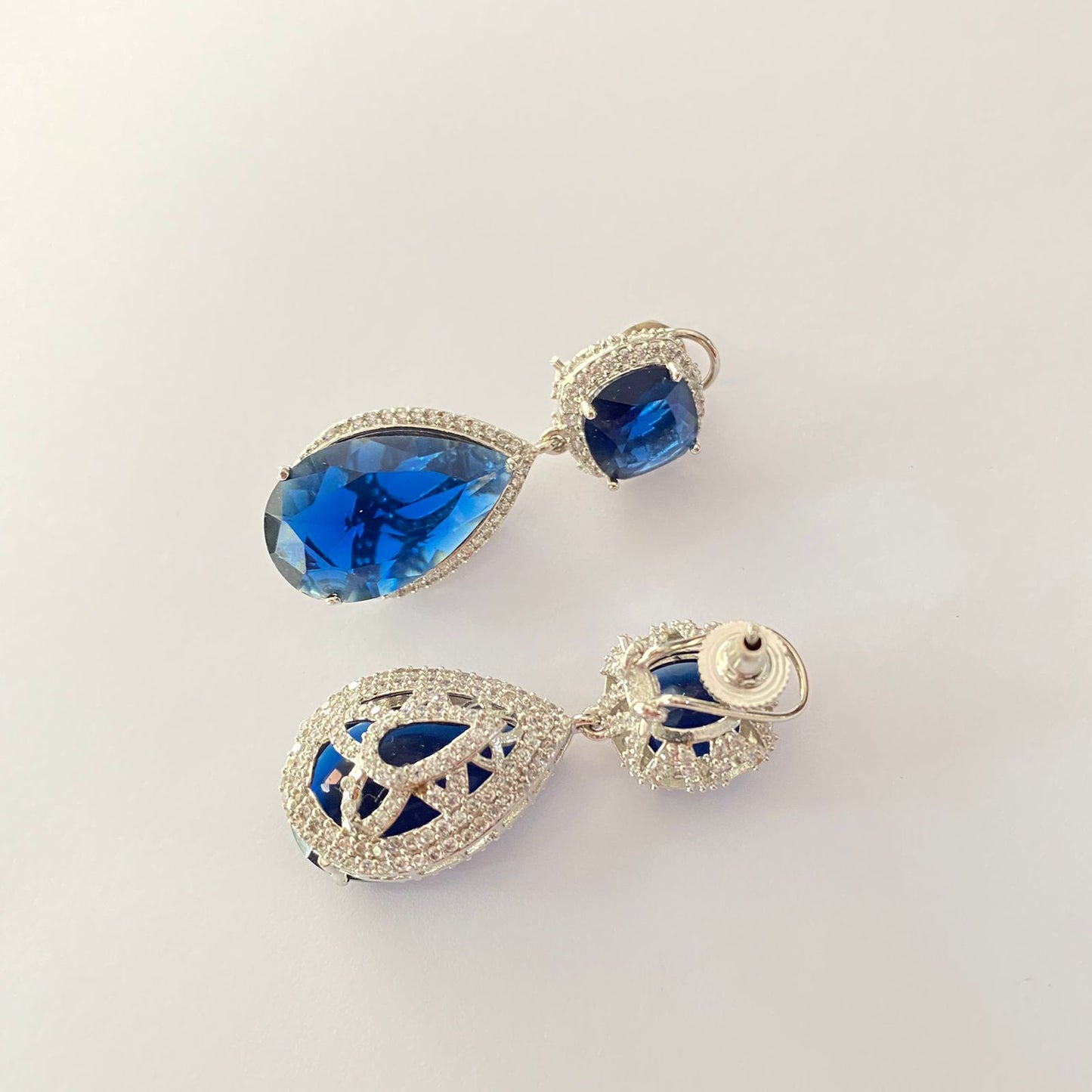 Silver Plated Blue Diamond With Back Clip Earring