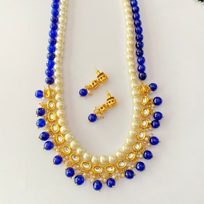 Gold Plated Kundan Pearl Blue Necklace Set