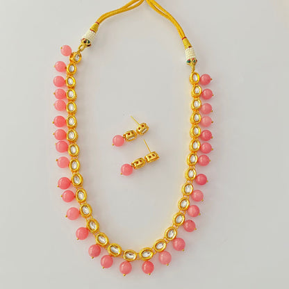 Gold Plated Kundan Baby Pink Stone Necklace Set