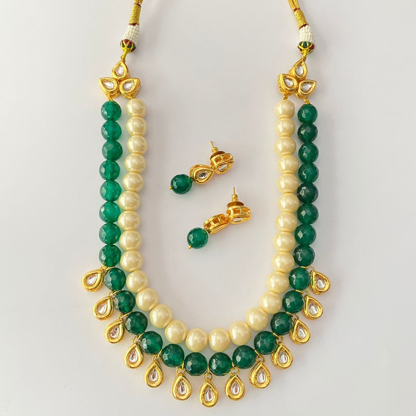 Pearl Drop Kundan Emerald Stone Necklace Set