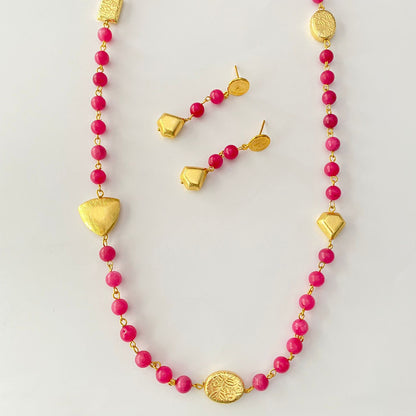 Pink Stone Long Necklace Set