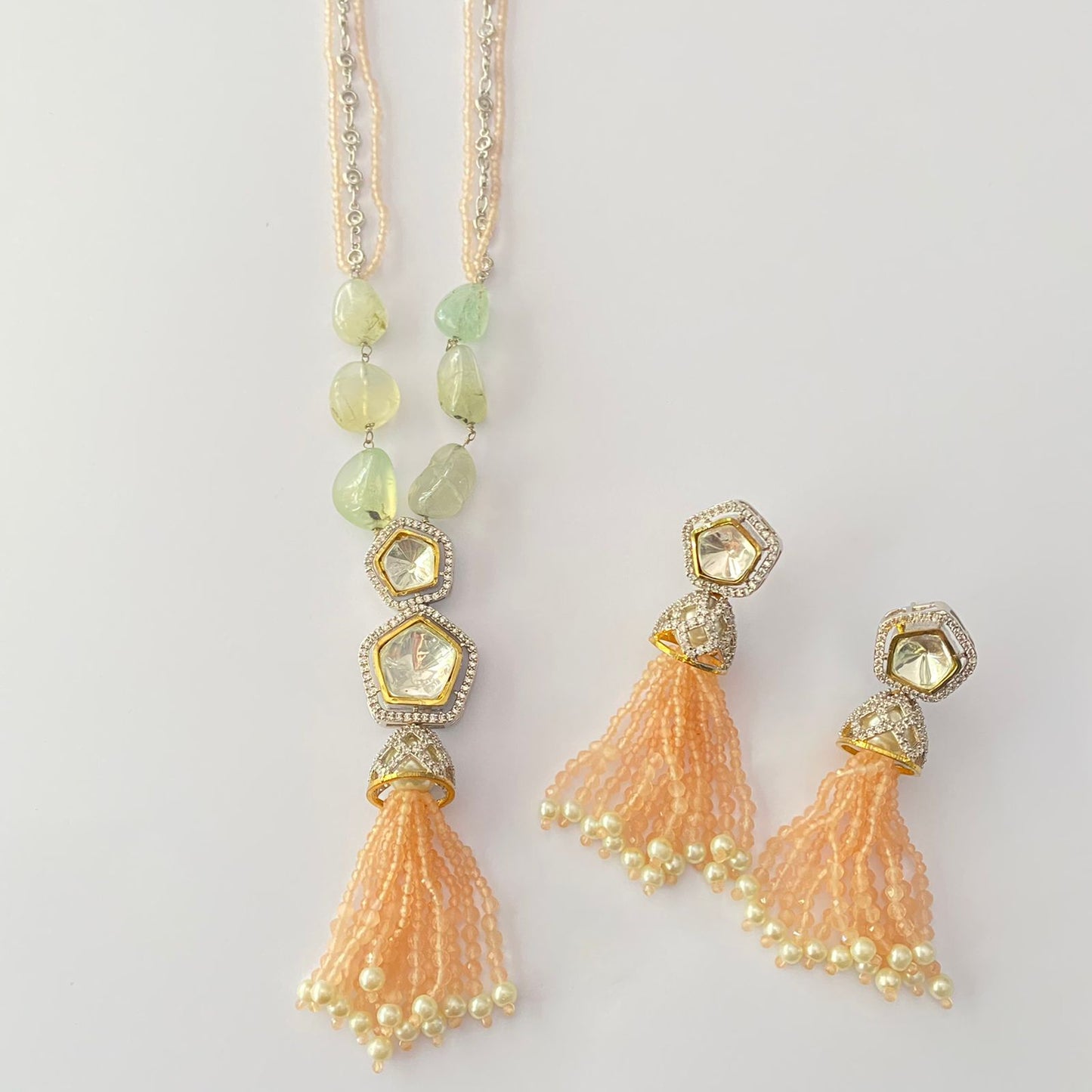 Diamond Polki Peach Color Necklace Set