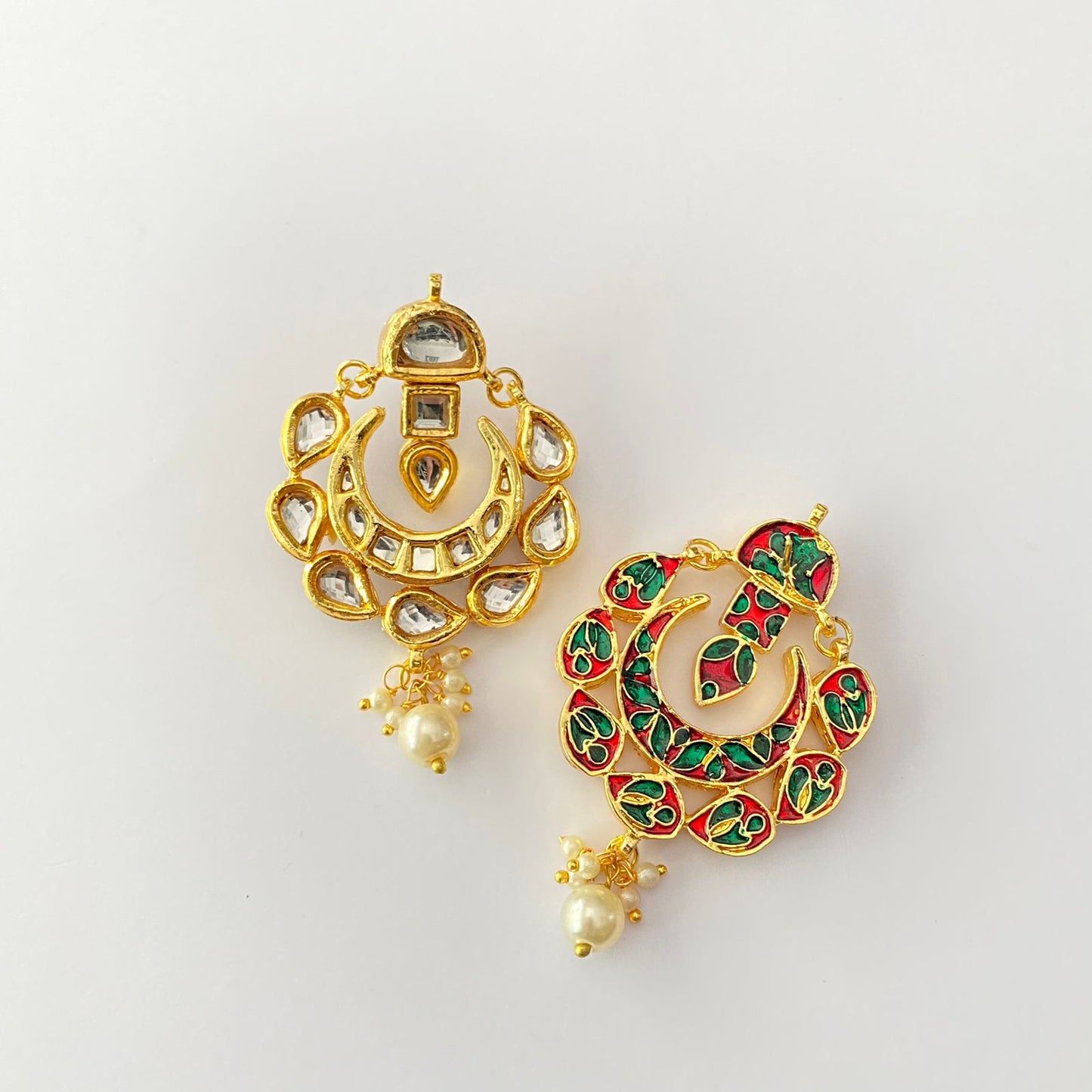 Gold Plated Kundan Drop Pearl Chand Bali