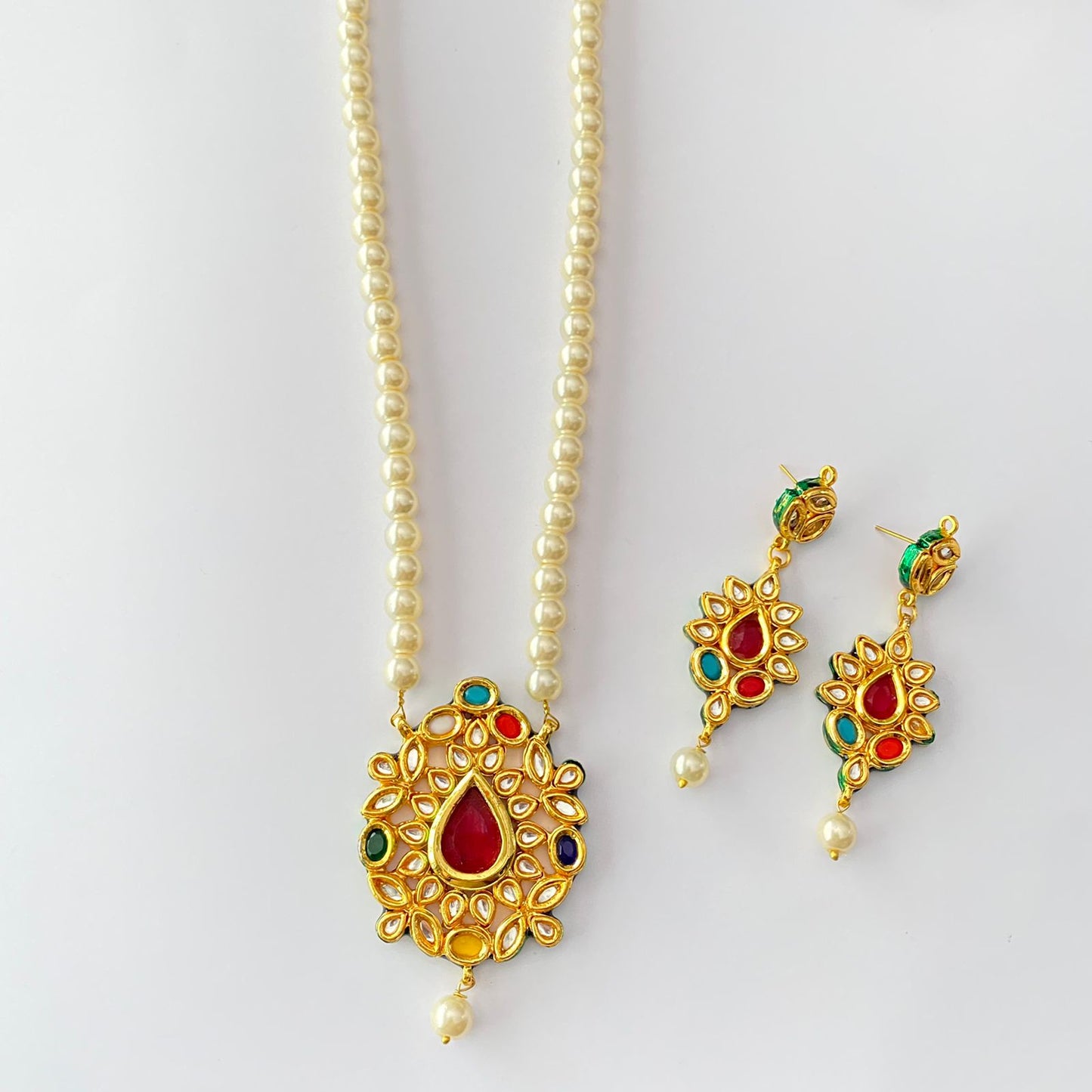 Pearl Kundan Navratan Pendant Set