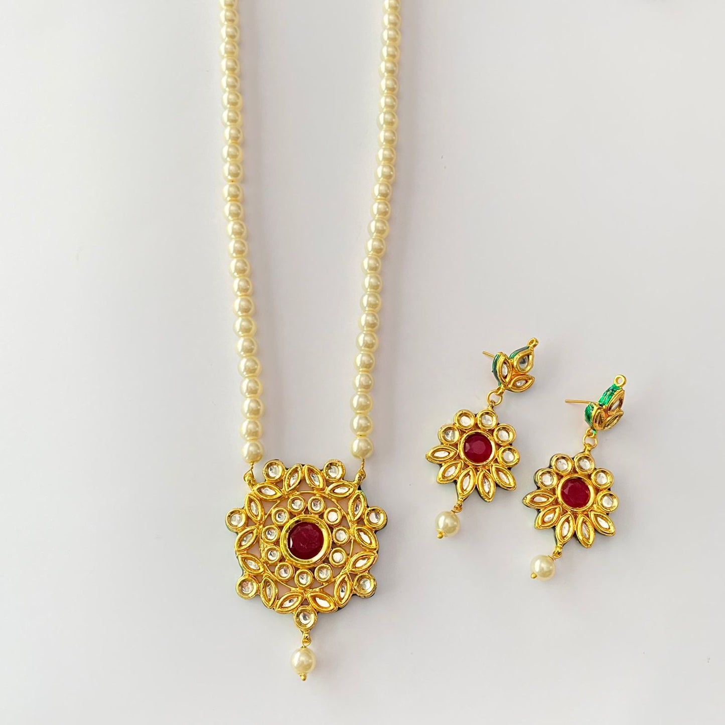 Pearl Gold Plated Kundan Ruby Necklace Set