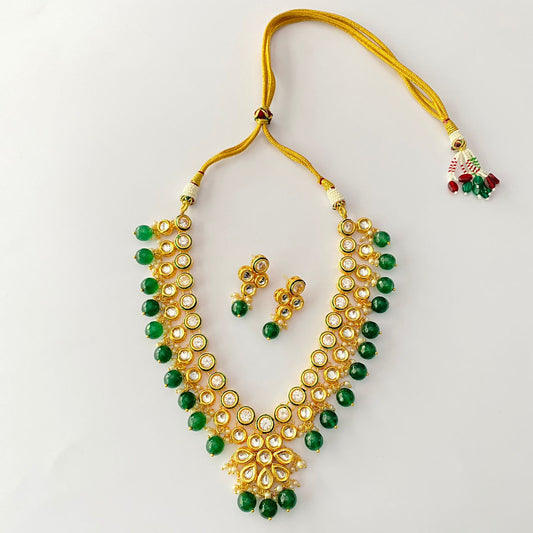 Gold Plated Kundan Drop Emerald Pearl Necklace Set