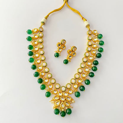 Gold Plated Kundan Drop Emerald Pearl Necklace Set