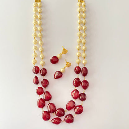 White Pearl Ruby Tumble Necklace Set