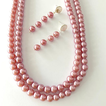 Baby Pink Double Line Pearl Necklace Set