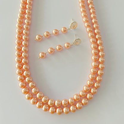 Peach Color Double Line Pearl Necklace Set