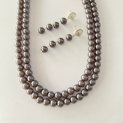 Black Grey Double Line Pearl Necklace Set