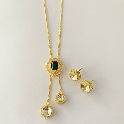 Gold Plated Emerald Diamond Polki Sleek Necklace Set