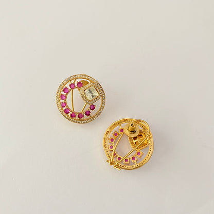 Gold Plated Ruby Polki Stud With Back Clip