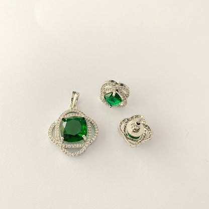 Silver Plated Emerald Diamond Pendant Set