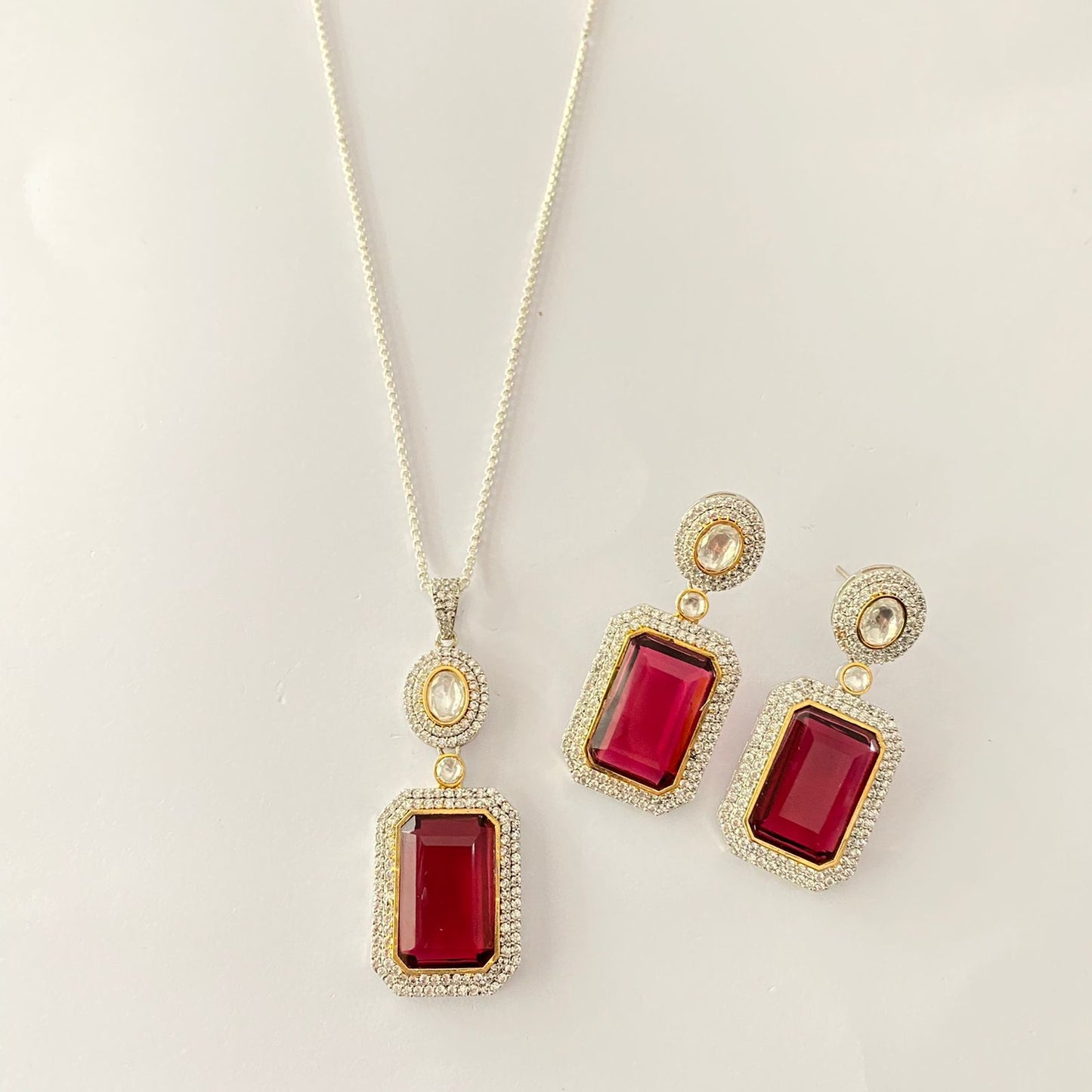 Silver Plated Ruby Pendant Set