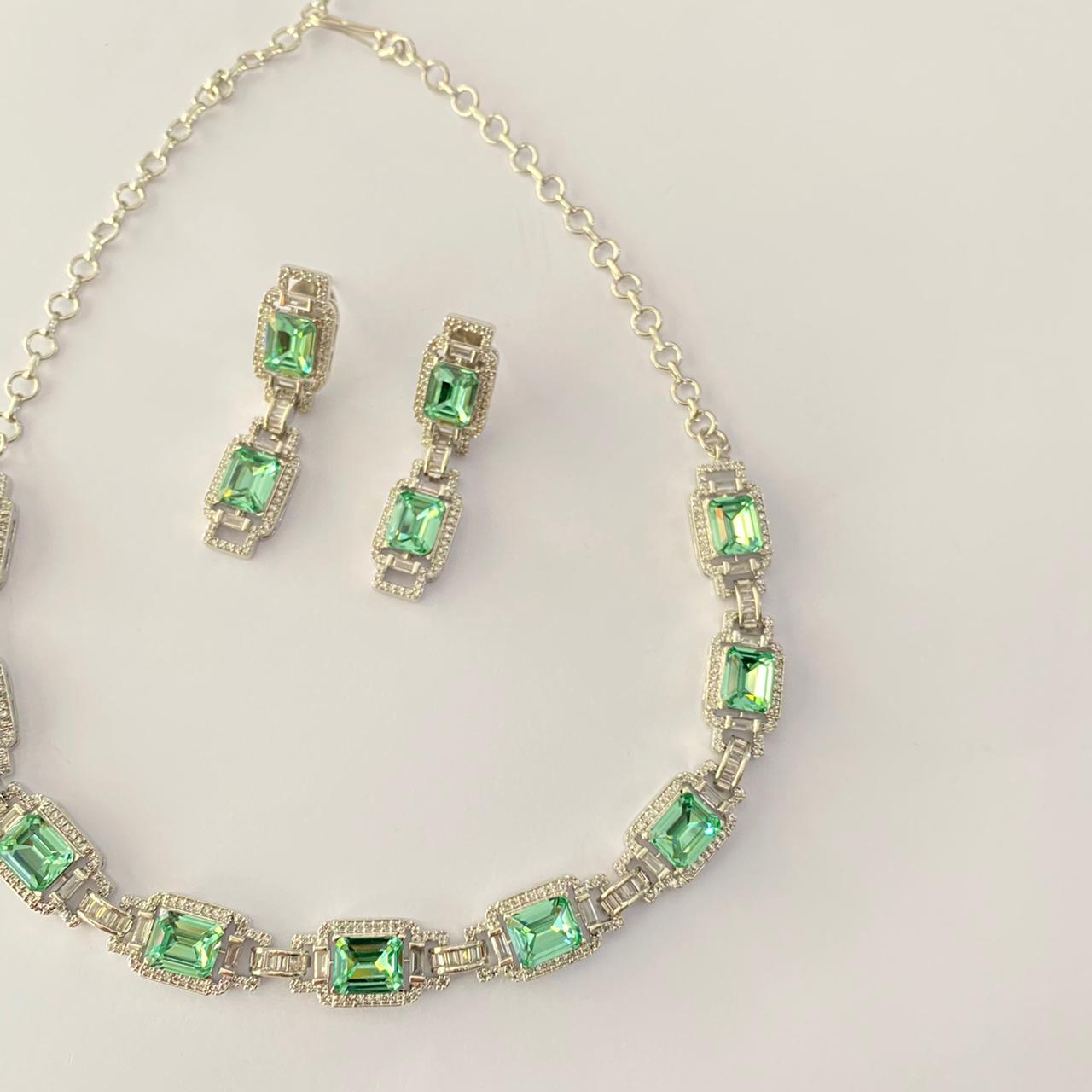 Silver Plated Light Emerald Diamond Necklace Set