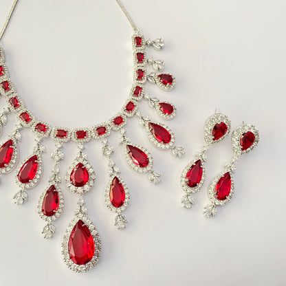 Silver Plated Ruby Diamond Necklace Set