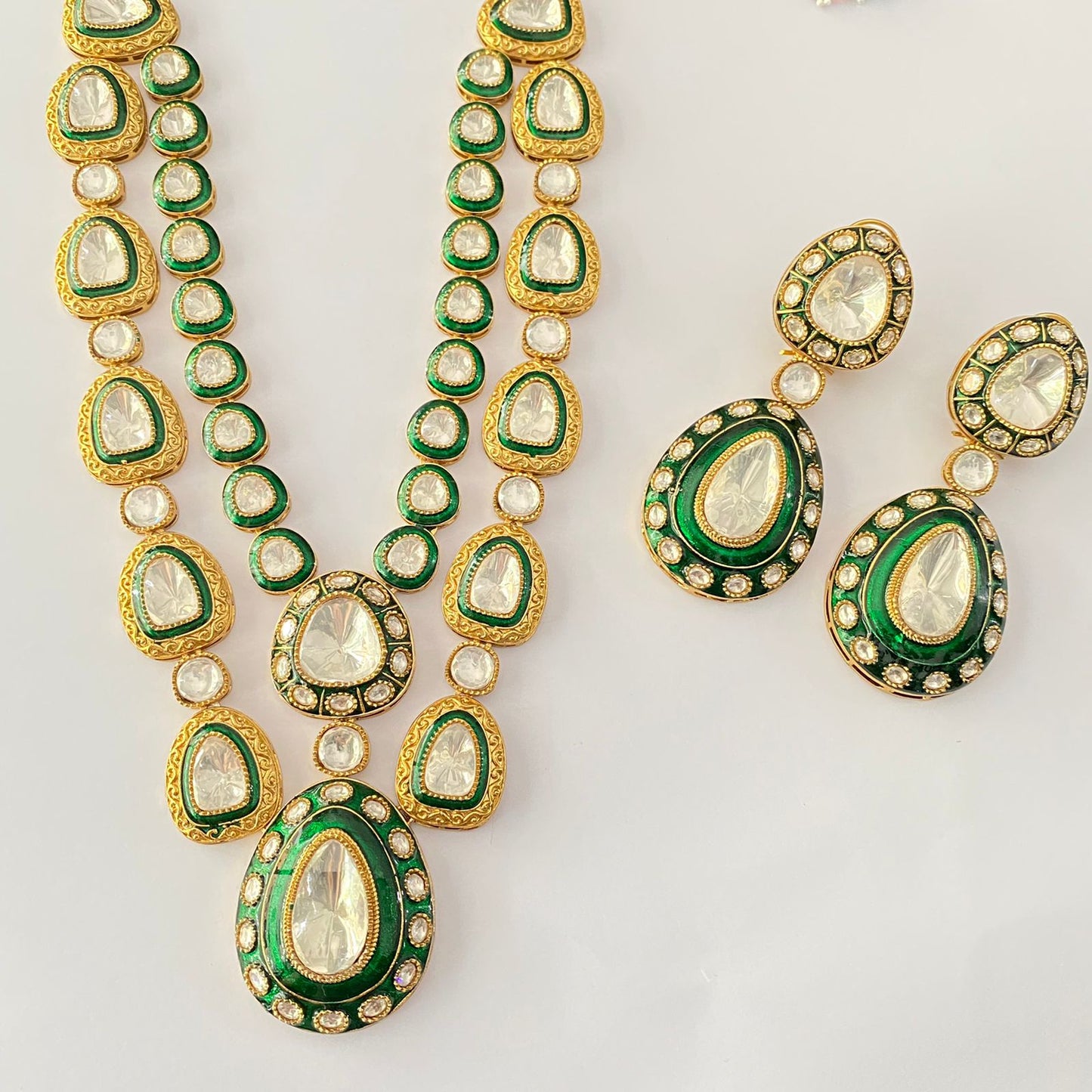 Polki Long Emerald Necklace Set