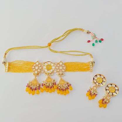 Classy yellow beads with kundan choker set necklace