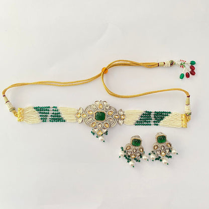 Stylish Green & White Beads polki  Necklace choker