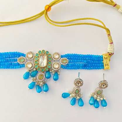 Trendy Blue Beads Polki Choker Necklace