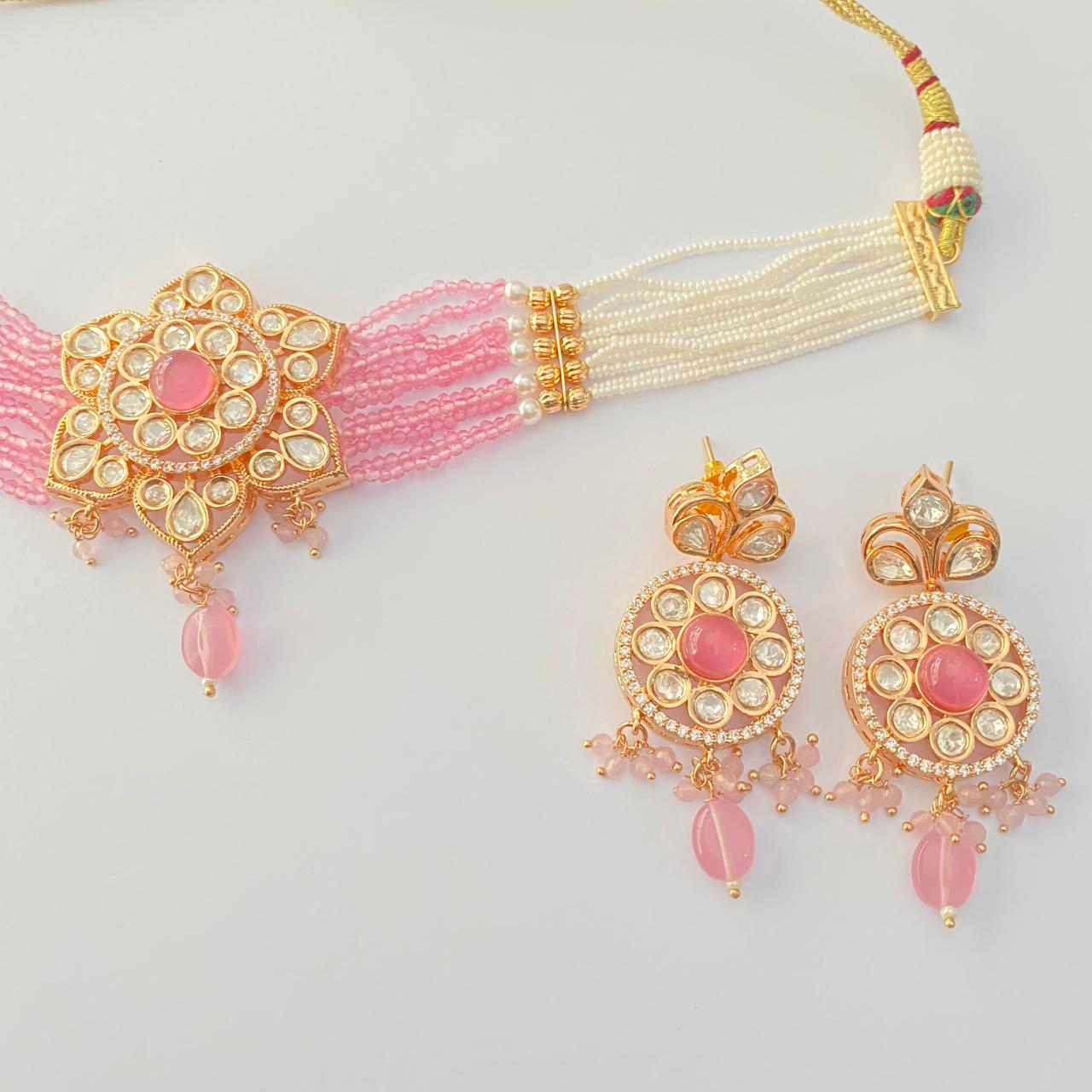 Pink Kundan with white moti Choker Set