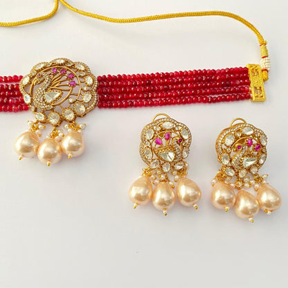 Ruby Kundan with pearl peacock design Choker Set