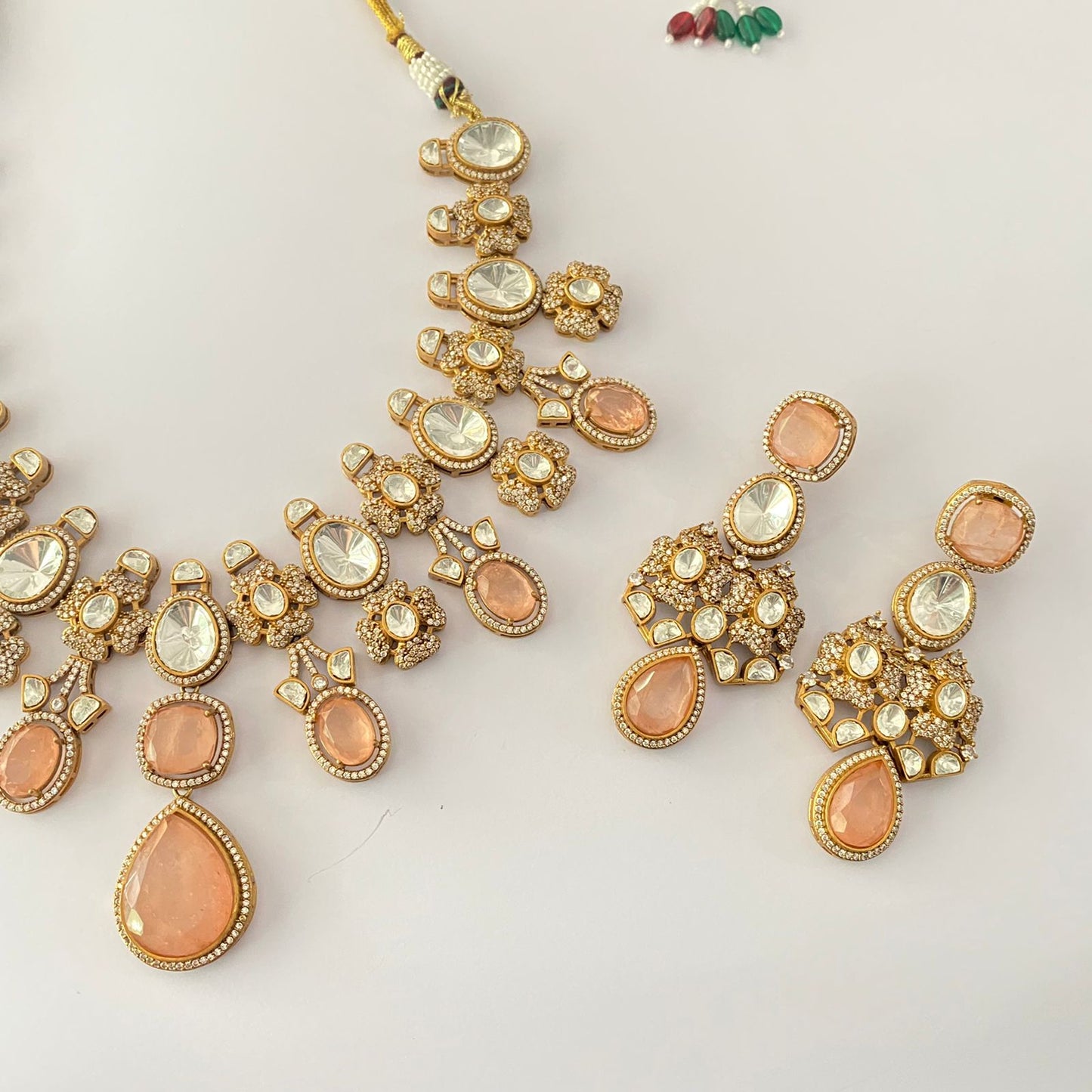 Peach Stone Polki Diamond Necklace Set