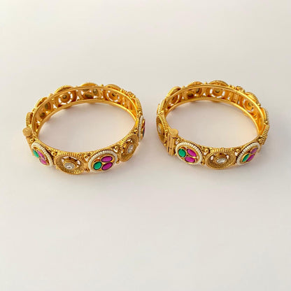 Polki Kundan Pink Gold Plated Traditional Bangle Set