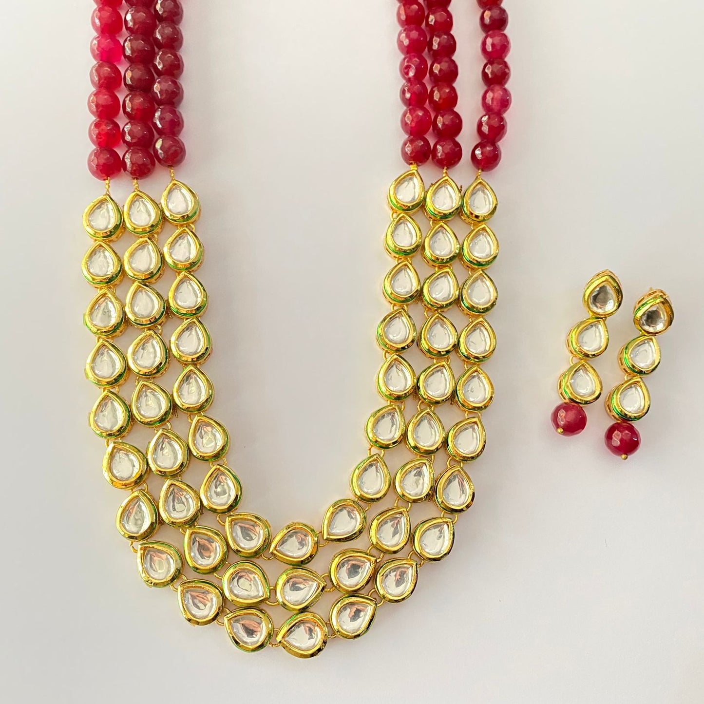 Three Line Kundan Polki Ruby Stone Necklace