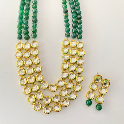 Emerald Stone Three Line Polki Necklace